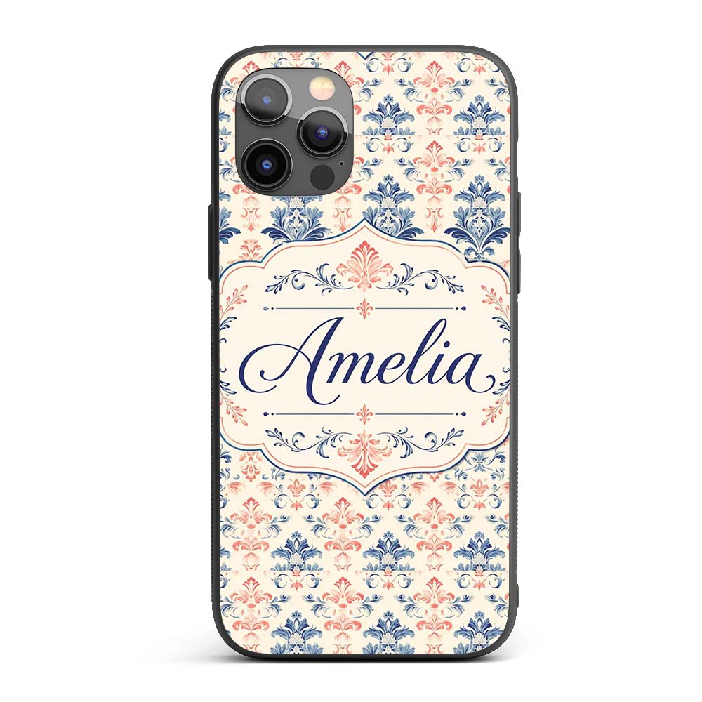 Classic Blue Red Damask Vintage Floral Seamless Custom Name Protective Phone Case Mobile Cover Durable Everyday Smartphone Shock Resistant