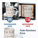 Personalized Custom Name Classic Blue Red Damask Vintage Floral Seamless Pattern Name Cute 11oz Ceramic Coffee Tea Mug White Large Handle