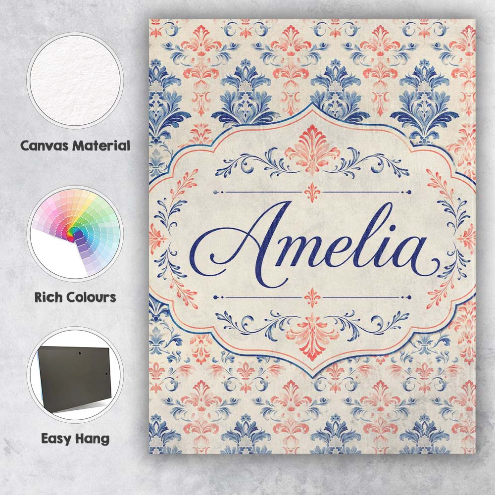 Personalised Name Classic Blue Red Damask Custom  Unique Gift Idea Elegant Feature Canvas Wall Art Print Decor Picture Ready to Hang