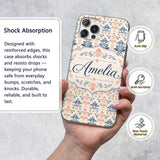 Classic Blue Red Damask Vintage Floral Seamless Custom Name Protective Phone Case Mobile Cover Durable Everyday Smartphone Shock Resistant