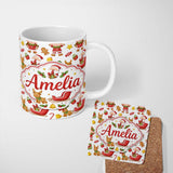 Personalized Custom Name Cute Santa Reindeer Elf Characters Seamless Pattern Cute Unique Gift 11oz Ceramic Coffee Tea Mug White Large Handle