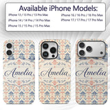 Classic Blue Red Damask Vintage Floral Seamless Custom Name Protective Phone Case Mobile Cover Durable Everyday Smartphone Shock Resistant
