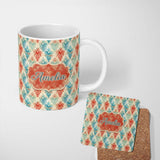 Personalized Custom Name Distressed Teal Red Ornamental Damask Grunge Seamless Pattern Name 11oz Ceramic Coffee Tea Mug White Large Handle
