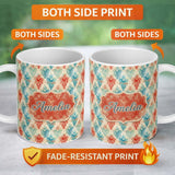 Personalized Custom Name Distressed Teal Red Ornamental Damask Grunge Seamless Pattern Name 11oz Ceramic Coffee Tea Mug White Large Handle