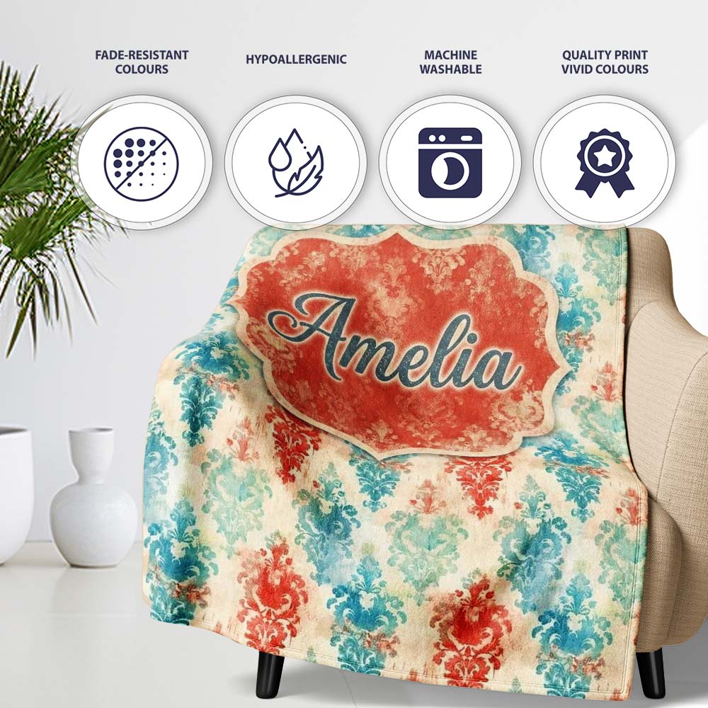 Distressed Teal Red Ornamental Damask Grunge Seamless Pattern Name  Personalised Custom Name Super Soft Fleece Blanket Bed Sofa Throw