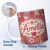 Personalized Custom Name Watercolor Christmas Sweets Candy Cookie Festive Seamless Pattern 11oz Ceramic Coffee Tea Mug White Large Handle