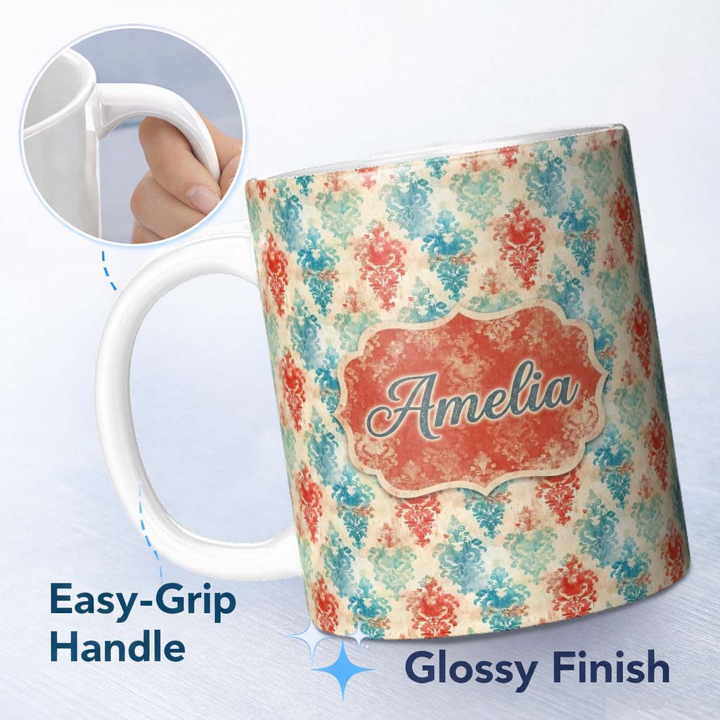 Personalized Custom Name Distressed Teal Red Ornamental Damask Grunge Seamless Pattern Name 11oz Ceramic Coffee Tea Mug White Large Handle
