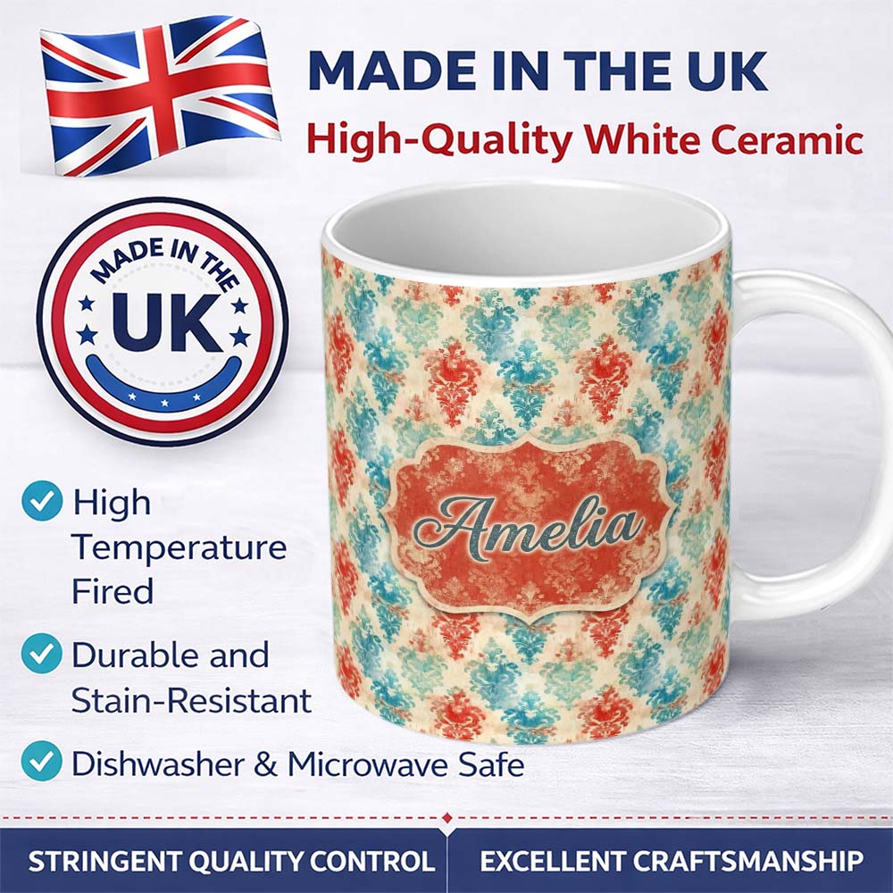 Personalized Custom Name Distressed Teal Red Ornamental Damask Grunge Seamless Pattern Name 11oz Ceramic Coffee Tea Mug White Large Handle