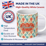 Personalized Custom Name Distressed Teal Red Ornamental Damask Grunge Seamless Pattern Name 11oz Ceramic Coffee Tea Mug White Large Handle