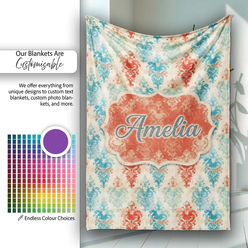 Distressed Teal Red Ornamental Damask Grunge Seamless Pattern Name  Personalised Custom Name Super Soft Fleece Blanket Bed Sofa Throw