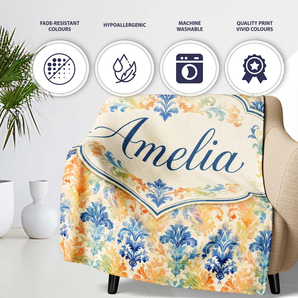 Vibrant Multicolor Ornate Damask Artistic Seamless Pattern Name Cute  Personalised Custom Name Super Soft Fleece Blanket Bed Sofa Throw