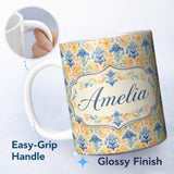 Personalized Custom Name Vibrant Multicolor Ornate Damask Artistic Seamless Pattern Name Cute 11oz Ceramic Coffee Tea Mug White Large Handle