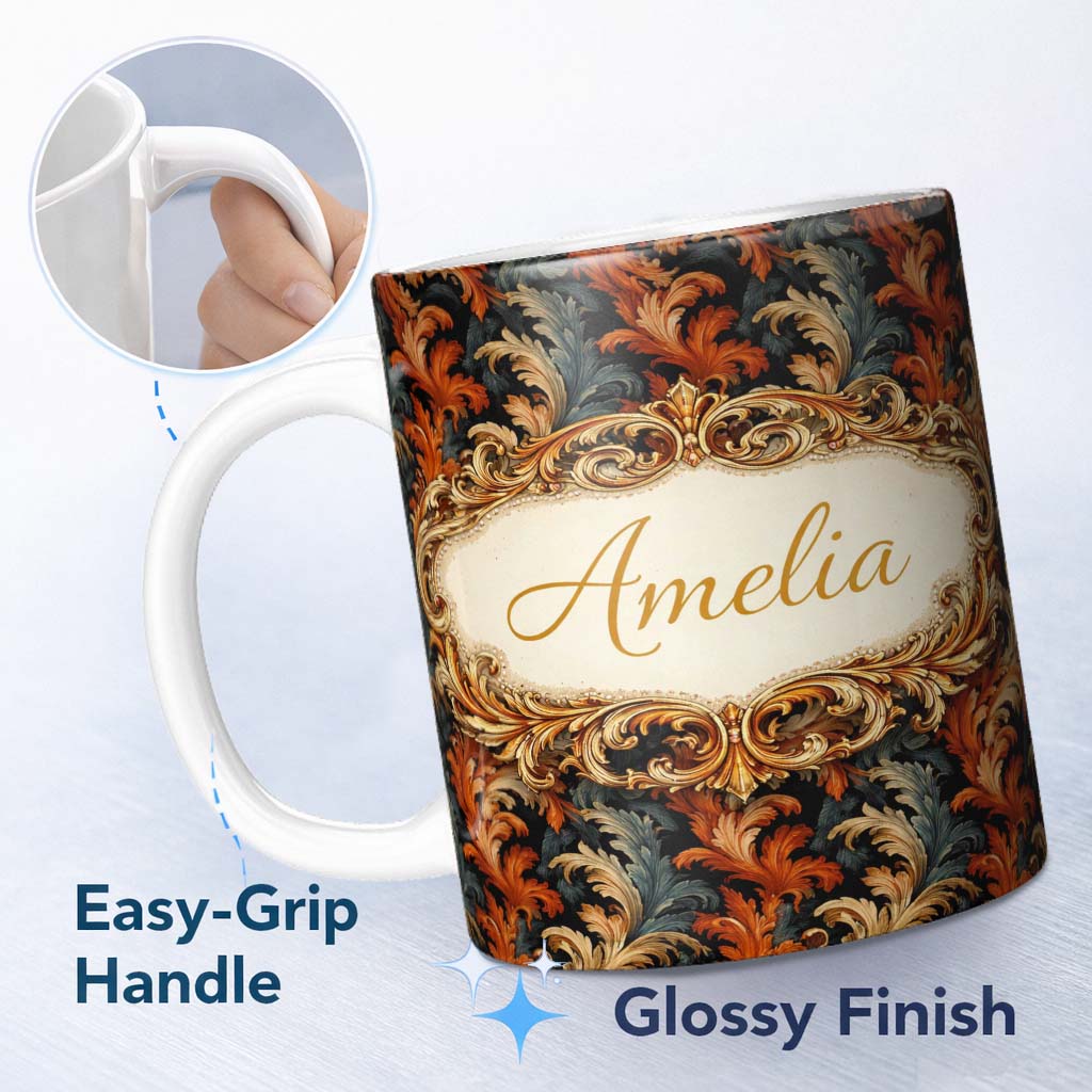 Personalized Custom Name Orange Gold Baroque Floral Dark Background Luxury Ornamental Design 11oz Ceramic Coffee Tea Mug White Large Handle