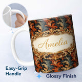 Personalized Custom Name Orange Gold Baroque Floral Dark Background Luxury Ornamental Design 11oz Ceramic Coffee Tea Mug White Large Handle