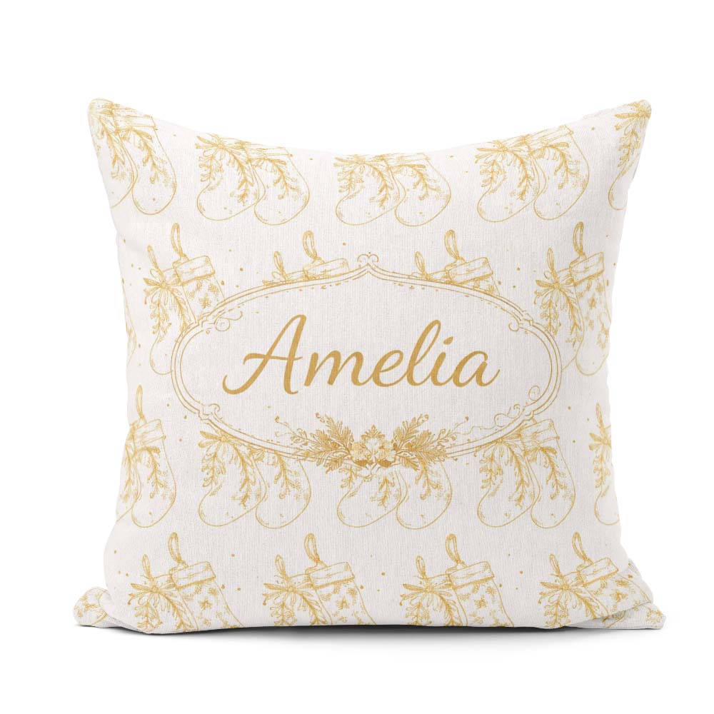 Custom Name Gold Christmas Stockings Outline Seamless Pattern Square Filled Cushion Throw Pillow Sofa Bed Home Decor Zip Washable UK Made