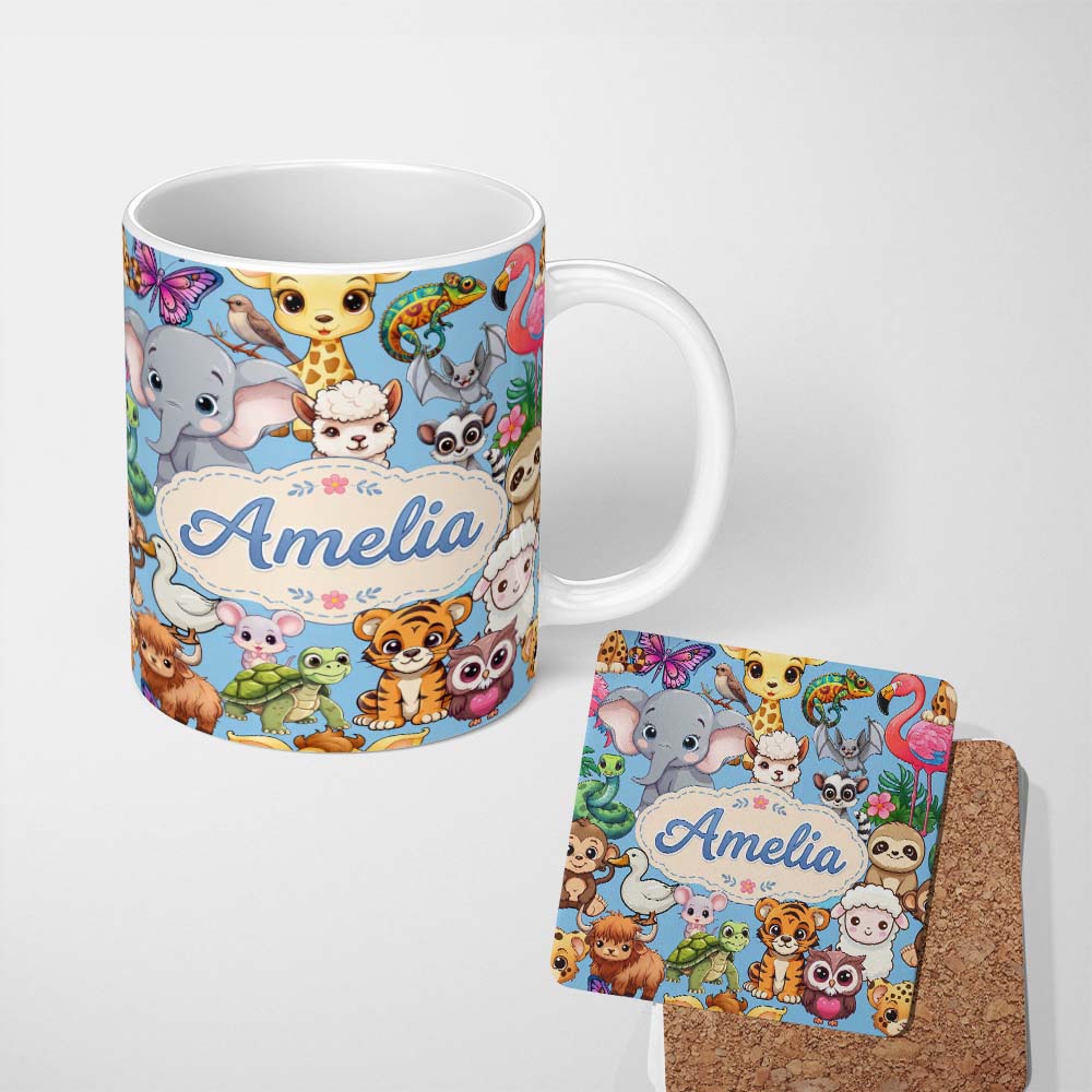 Personalized Custom Name Cute Cartoon Jungle Safari Animals Seamless Pattern on Blue Lovely 11oz Ceramic Coffee Tea Mug White Large Handle