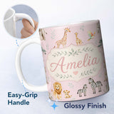 Personalized Custom Name Cute Safari Animals Giraffe Lion Zebra Parrot Seamless Pattern Mauve 11oz Ceramic Coffee Tea Mug White Large Handle