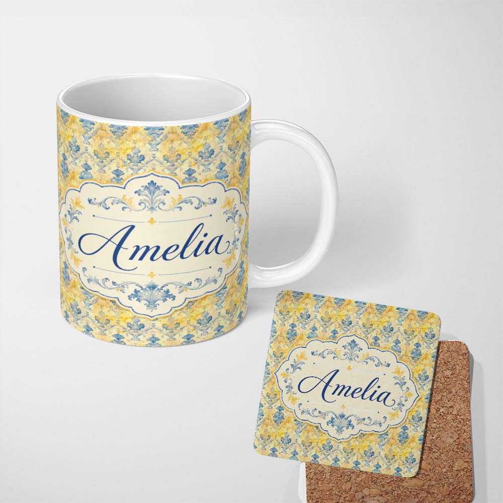 Personalized Custom Name Elegant Blue Gold Marble Effect Damask Seamless Pattern Name Cute 11oz Ceramic Coffee Tea Mug White Large Handle