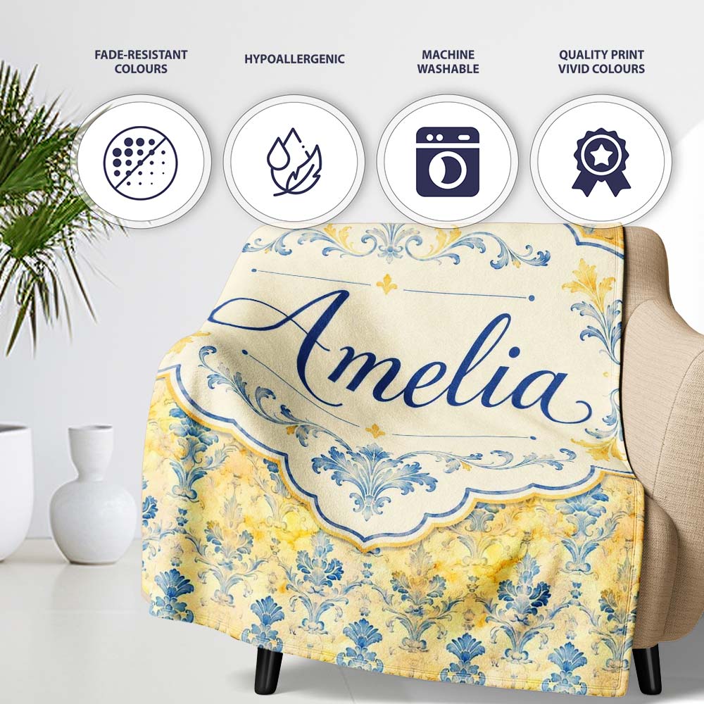 Elegant Blue Gold Marble Effect Damask Seamless Pattern Name Cute  Personalised Custom Name Super Soft Fleece Blanket Bed Sofa Throw
