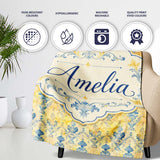 Elegant Blue Gold Marble Effect Damask Seamless Pattern Name Cute  Personalised Custom Name Super Soft Fleece Blanket Bed Sofa Throw