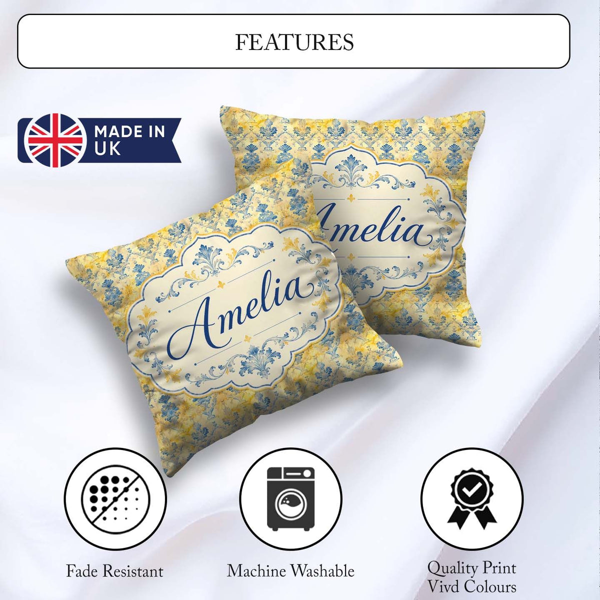 Custom Name Elegant Blue Gold Marble Effect Damask Seamless Name Square Filled Cushion Throw Pillow Sofa Bed Home Decor Zip Washable UK Made