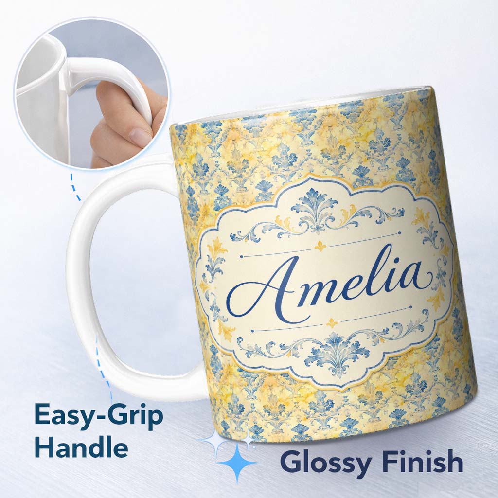 Personalized Custom Name Elegant Blue Gold Marble Effect Damask Seamless Pattern Name Cute 11oz Ceramic Coffee Tea Mug White Large Handle