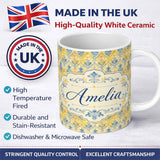 Personalized Custom Name Elegant Blue Gold Marble Effect Damask Seamless Pattern Name Cute 11oz Ceramic Coffee Tea Mug White Large Handle