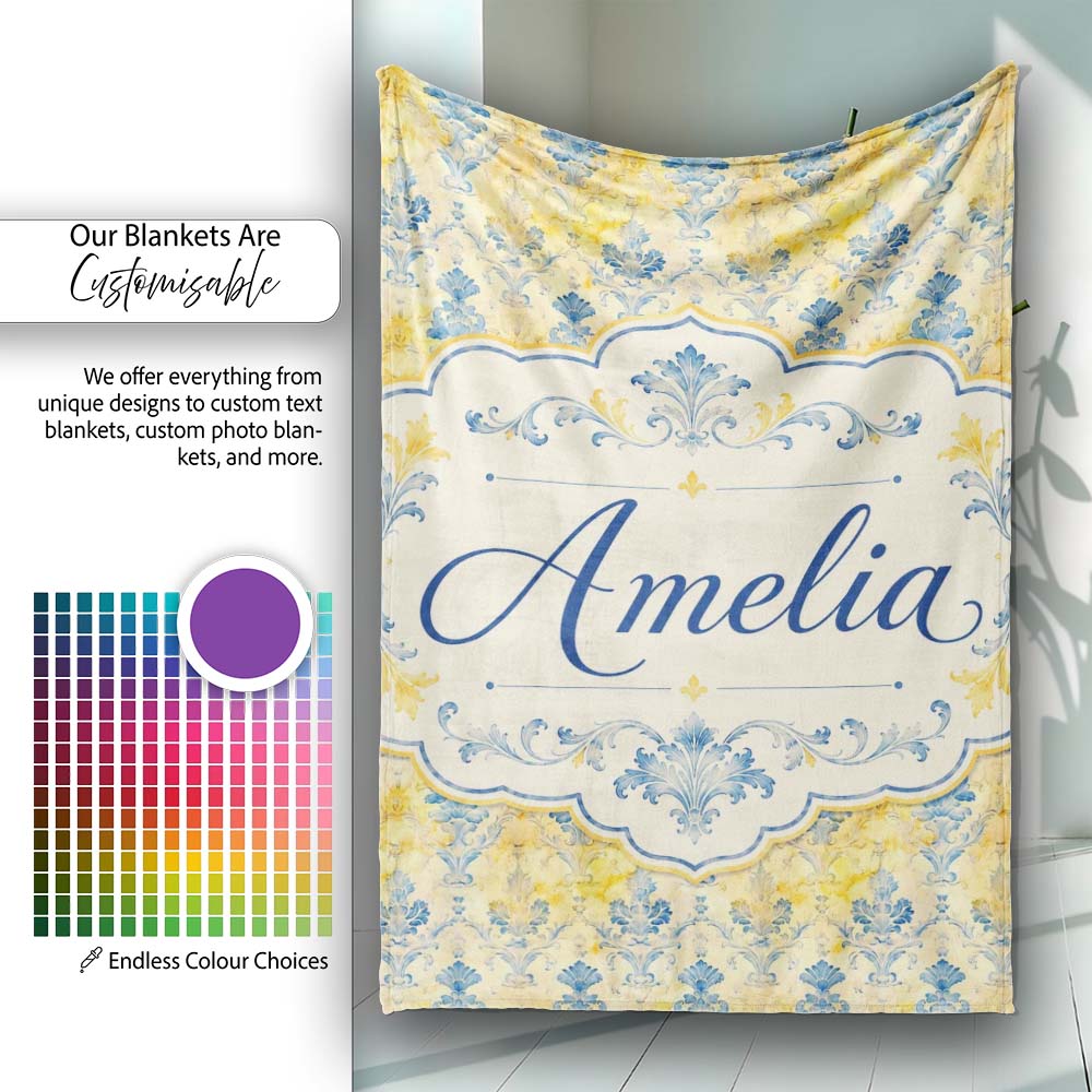 Elegant Blue Gold Marble Effect Damask Seamless Pattern Name Cute  Personalised Custom Name Super Soft Fleece Blanket Bed Sofa Throw