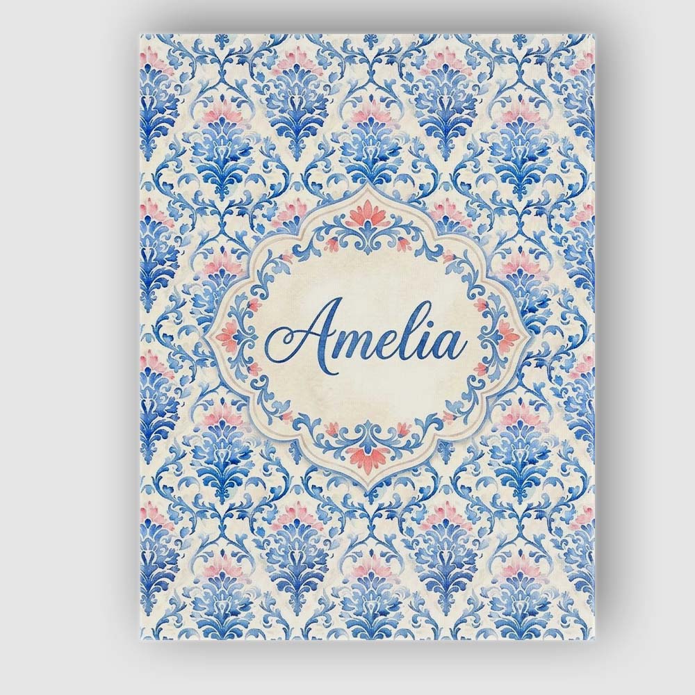 Personalised Name Blue Floral Baroque Custom Modern Room Accent Creative Decorator Style Canvas Wall Art Print Decor Picture Ready to Hang
