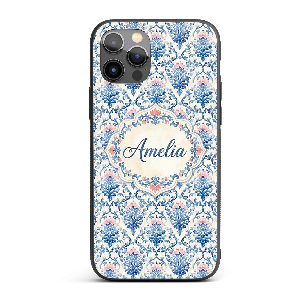 Blue Floral Baroque Scroll Classic Printed Design Custom Name Protective Phone Case Mobile Cover Durable Everyday Smartphone Shock Resistant