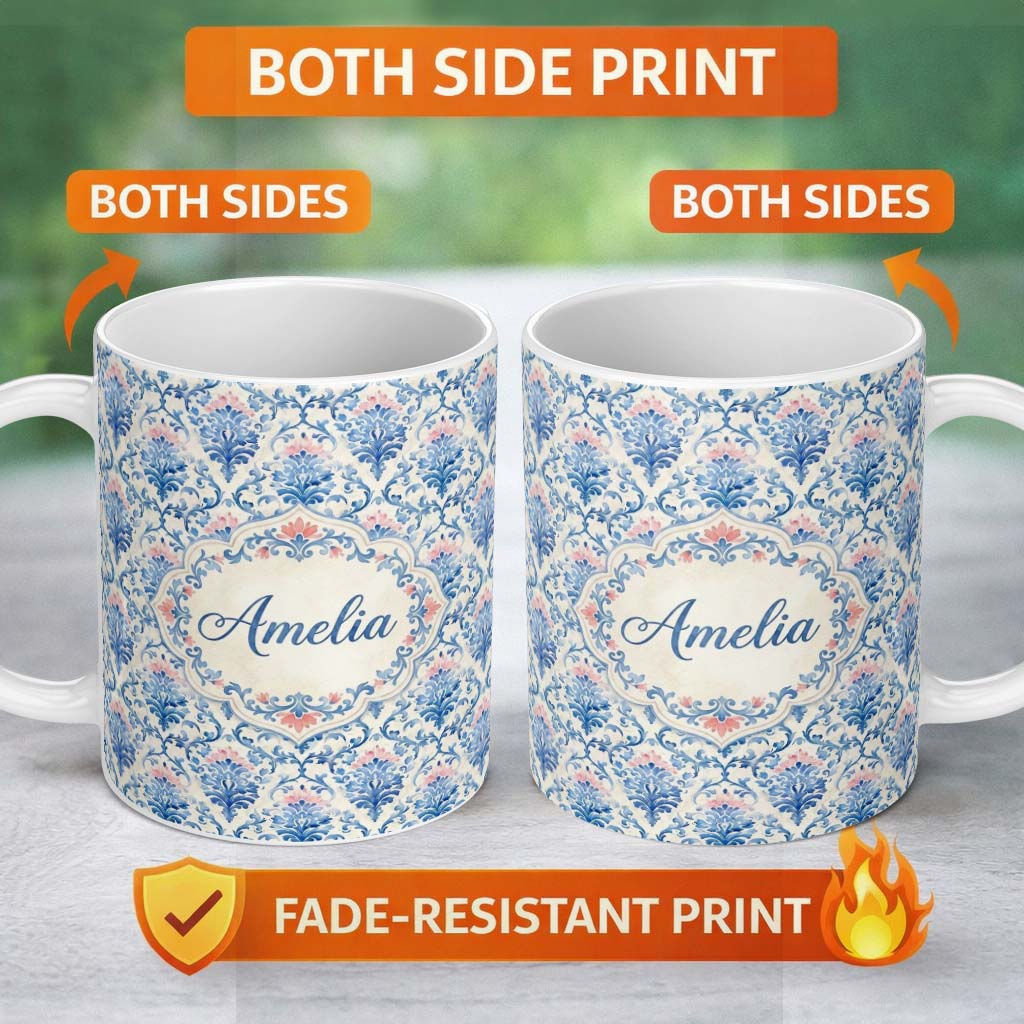 Personalized Custom Name Blue Floral Baroque Scroll Classic Seamless Pattern Name Cute 11oz Ceramic Coffee Tea Mug White Large Handle