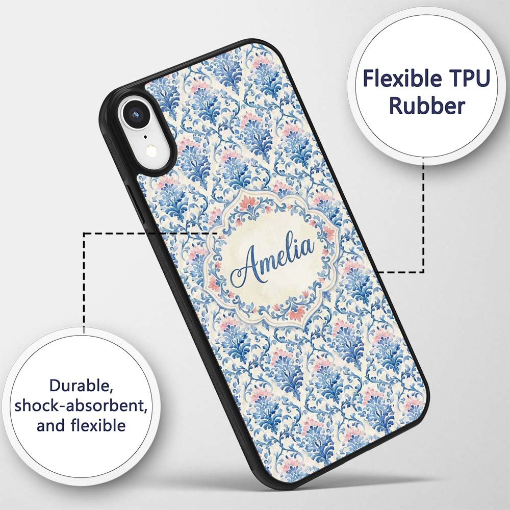 Blue Floral Baroque Scroll Classic Printed Design Custom Name Protective Phone Case Mobile Cover Durable Everyday Smartphone Shock Resistant