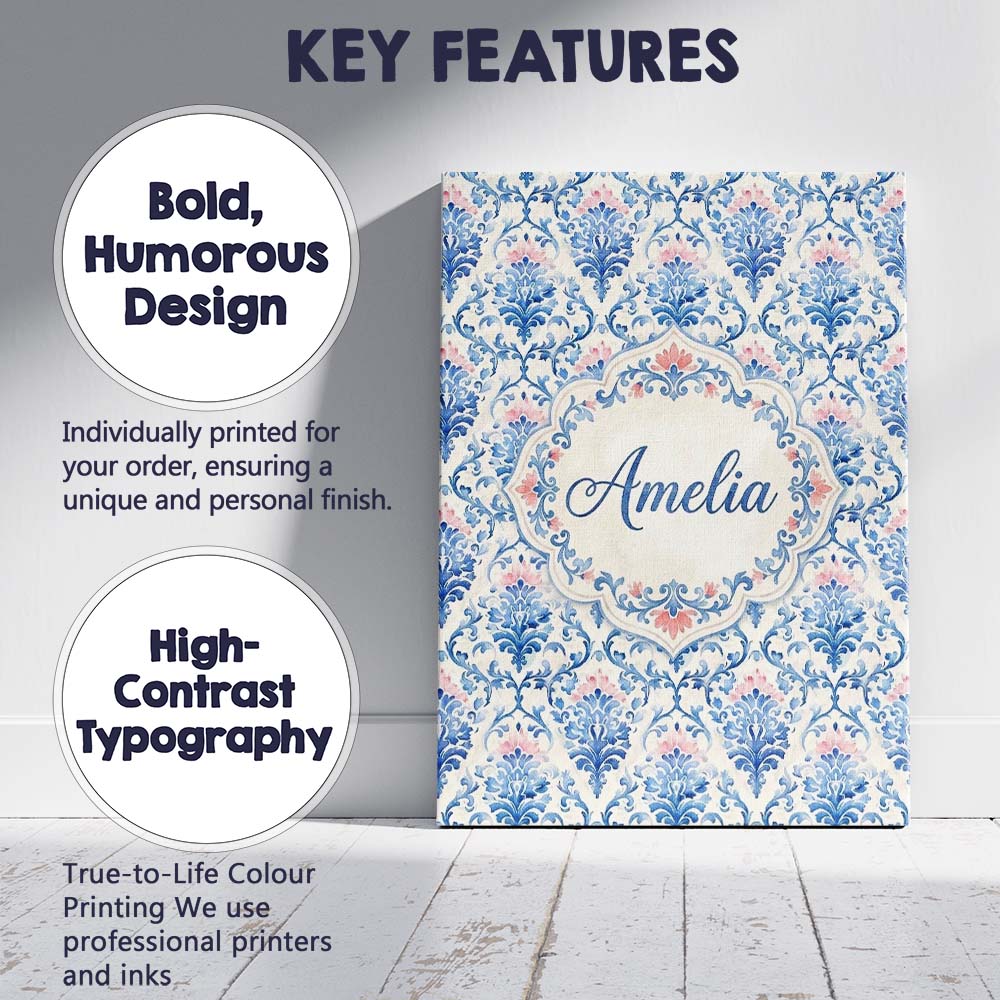 Personalised Name Blue Floral Baroque Custom Modern Room Accent Creative Decorator Style Canvas Wall Art Print Decor Picture Ready to Hang