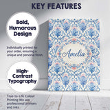 Personalised Name Blue Floral Baroque Custom Modern Room Accent Creative Decorator Style Canvas Wall Art Print Decor Picture Ready to Hang