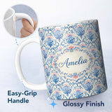 Personalized Custom Name Blue Floral Baroque Scroll Classic Seamless Pattern Name Cute 11oz Ceramic Coffee Tea Mug White Large Handle