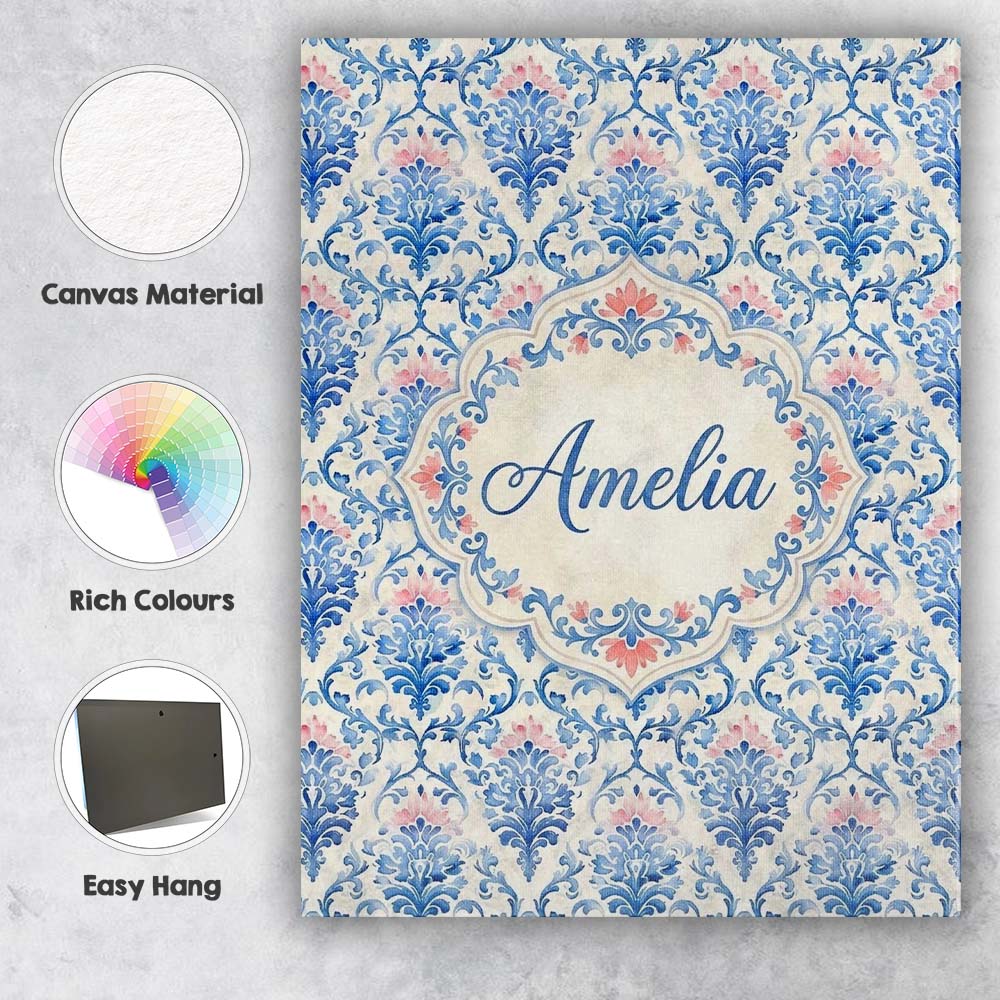 Personalised Name Blue Floral Baroque Custom Modern Room Accent Creative Decorator Style Canvas Wall Art Print Decor Picture Ready to Hang