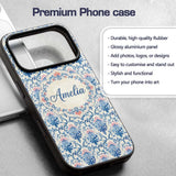 Blue Floral Baroque Scroll Classic Printed Design Custom Name Protective Phone Case Mobile Cover Durable Everyday Smartphone Shock Resistant