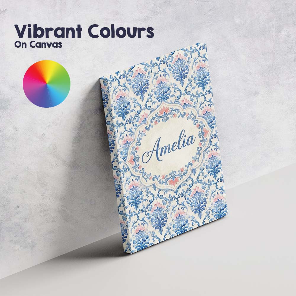 Personalised Name Blue Floral Baroque Custom Modern Room Accent Creative Decorator Style Canvas Wall Art Print Decor Picture Ready to Hang