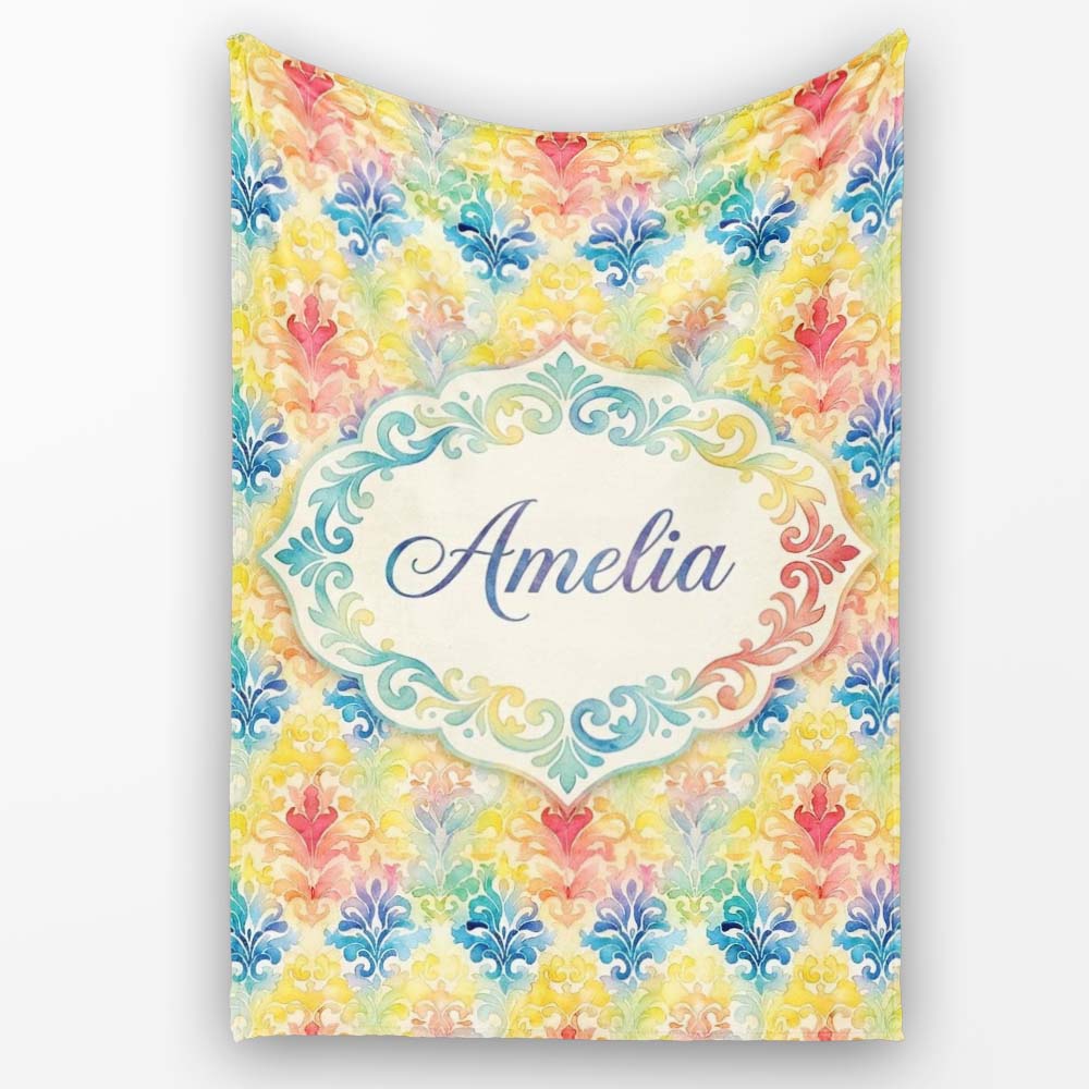 Rainbow Watercolor Damask Artistic Seamless Pattern Name Cute  Personalised Custom Name Super Soft Fleece Blanket Bed Sofa Throw