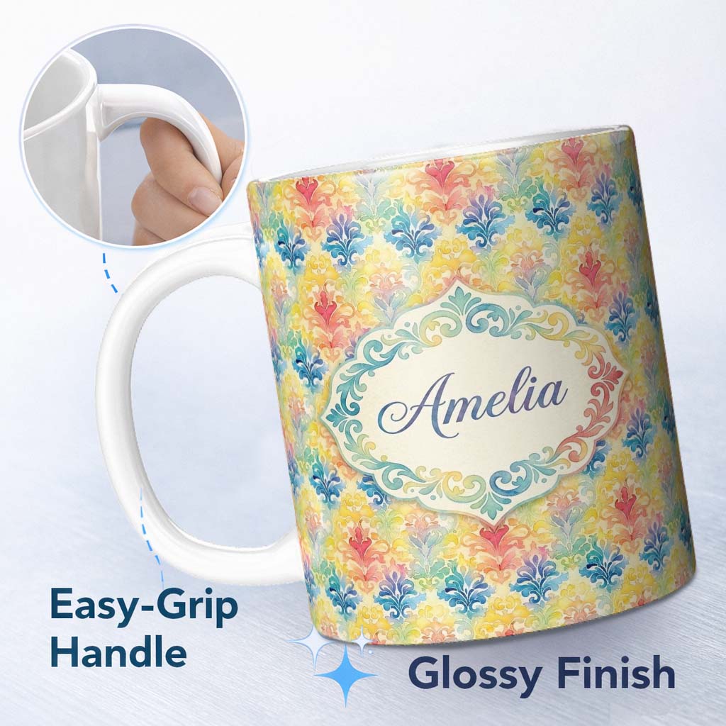 Personalized Custom Name Rainbow Watercolor Damask Artistic Seamless Pattern Name Cute 11oz Ceramic Coffee Tea Mug White Large Handle