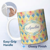 Personalized Custom Name Rainbow Watercolor Damask Artistic Seamless Pattern Name Cute 11oz Ceramic Coffee Tea Mug White Large Handle