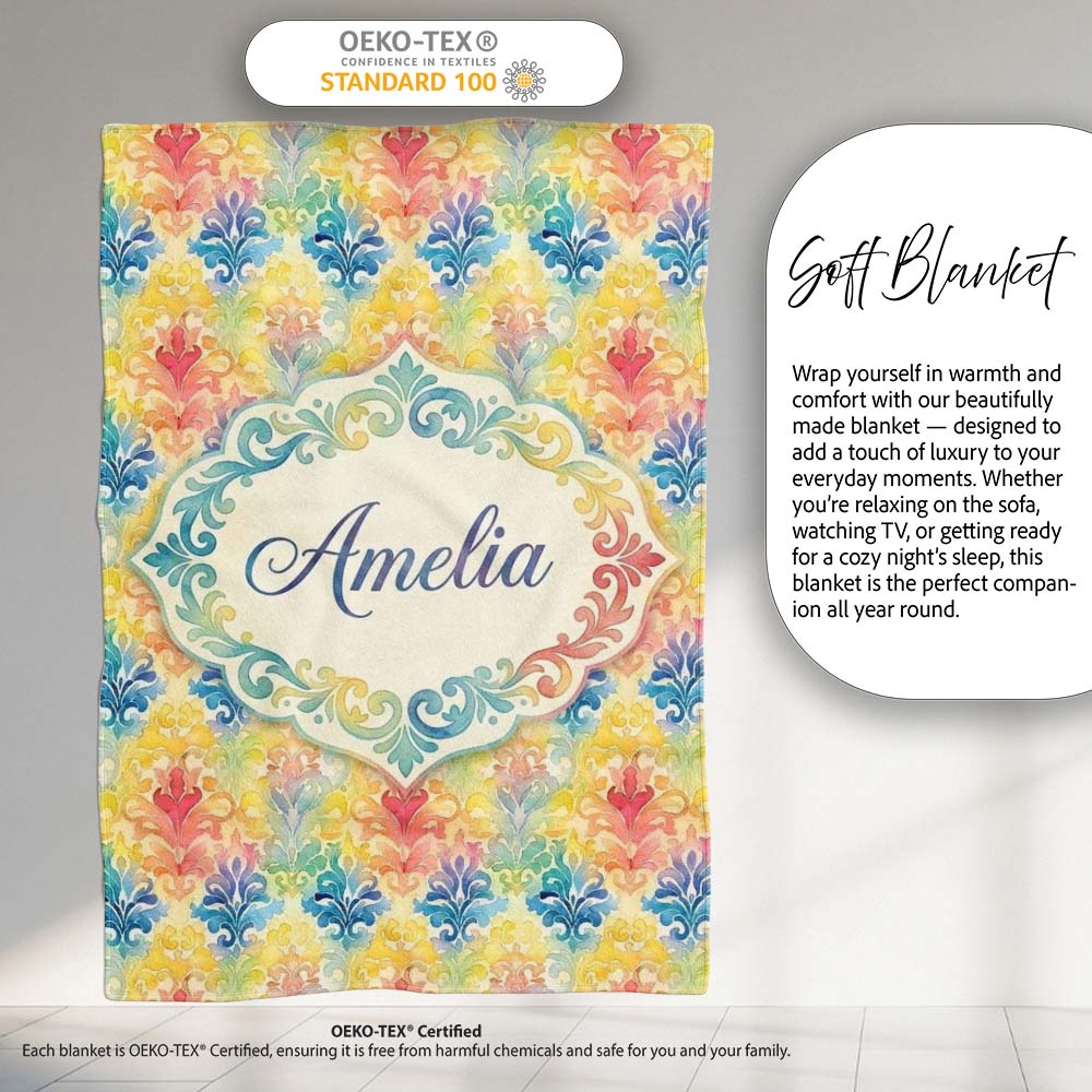 Rainbow Watercolor Damask Artistic Seamless Pattern Name Cute  Personalised Custom Name Super Soft Fleece Blanket Bed Sofa Throw
