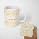 Personalized Custom Name Soft Beige Gold Vintage Damask Elegant Seamless Pattern Name Cute 11oz Ceramic Coffee Tea Mug White Large Handle