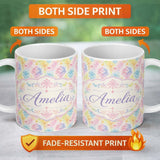 Personalized Custom Name Pastel Rainbow Watercolor Damask Floral Seamless Pattern Name Cute 11oz Ceramic Coffee Tea Mug White Large Handle