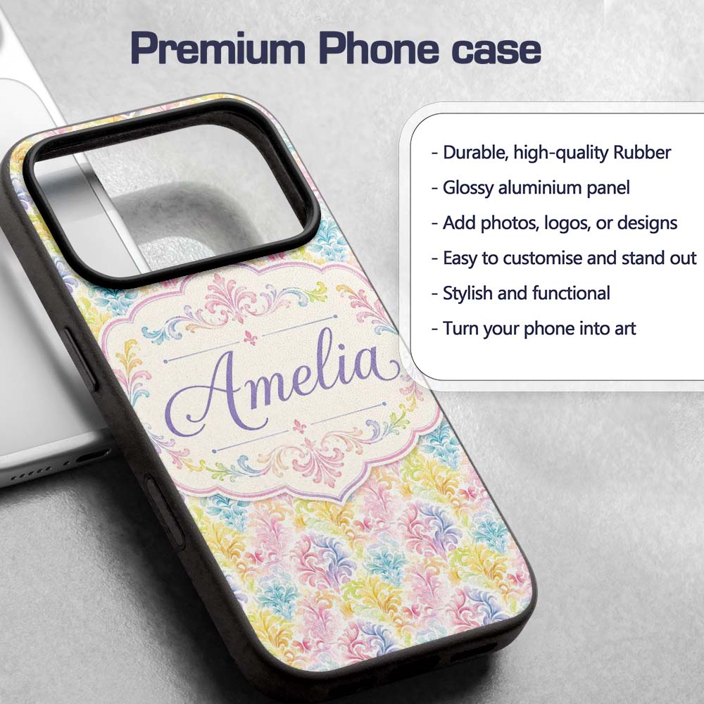 Pastel Rainbow Watercolor Damask Floral Seamless Custom Name Protective Phone Case Mobile Cover Durable Everyday Smartphone Shock Resistant