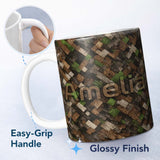 Personalized Custom Name Brown Green Camouflage Pixel Abstract Seamless Pattern Lovely 11oz Ceramic Coffee Tea Mug White Large Handle