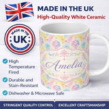 Personalized Custom Name Pastel Rainbow Watercolor Damask Floral Seamless Pattern Name Cute 11oz Ceramic Coffee Tea Mug White Large Handle