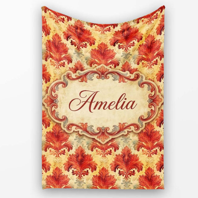 Rich Red Vintage Baroque Damask Ornamental Seamless Pattern Name  Personalised Custom Name Super Soft Fleece Blanket Bed Sofa Throw
