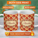 Personalized Custom Name Rich Red Vintage Baroque Damask Ornamental Seamless Pattern Name 11oz Ceramic Coffee Tea Mug White Large Handle