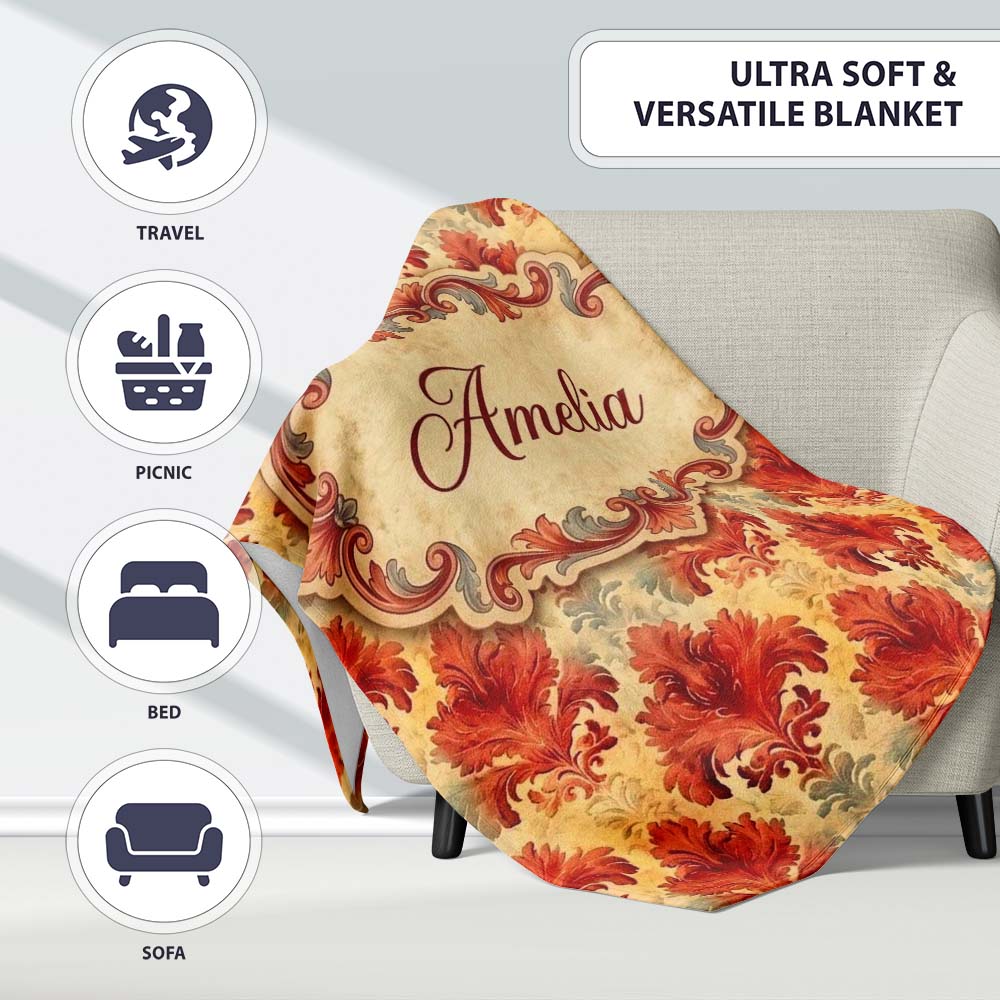 Rich Red Vintage Baroque Damask Ornamental Seamless Pattern Name  Personalised Custom Name Super Soft Fleece Blanket Bed Sofa Throw